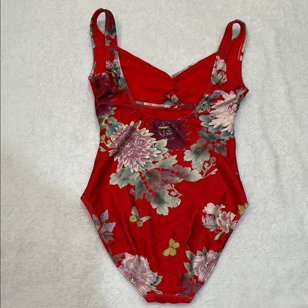 Nine West Red Floral One Piece V-Neck Swimsuit in Size S - Picture 6 of 9
